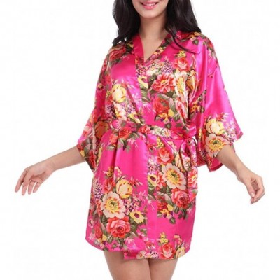 Robes Womens Silk Satin Floral Printed Kimono Robes Short Sleepwear Dressing Gown with 3/4 Sleeve - Hot Pink - CT197QGS05E