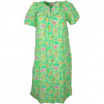 Robes Women's Cotton Blend House Dress Duster Robe- Snap Front- Pockets - Green Tropical Flowers - CA19D73W579