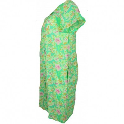 Robes Women's Cotton Blend House Dress Duster Robe- Snap Front- Pockets - Green Tropical Flowers - CA19D73W579