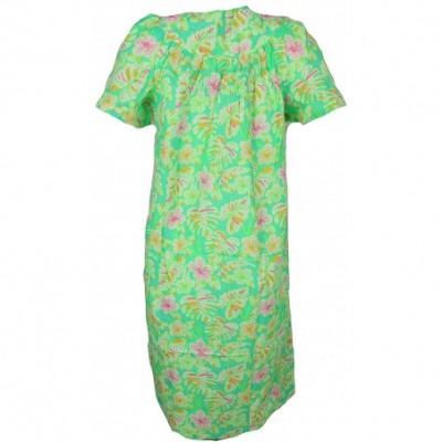 Robes Women's Cotton Blend House Dress Duster Robe- Snap Front- Pockets - Green Tropical Flowers - CA19D73W579