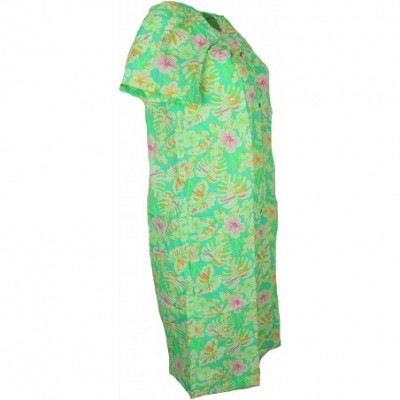 Robes Women's Cotton Blend House Dress Duster Robe- Snap Front- Pockets - Green Tropical Flowers - CA19D73W579