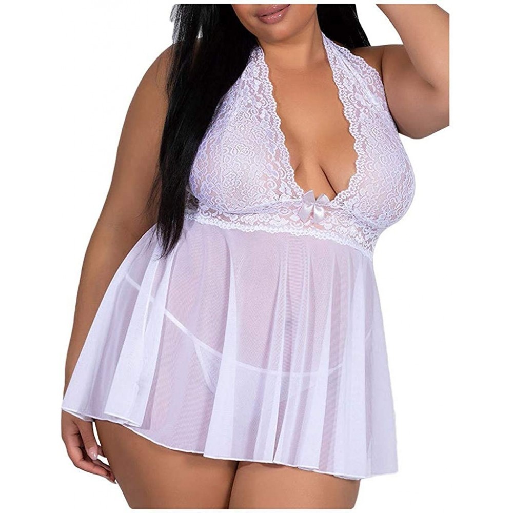 Thermal Underwear Women Lace Lingerie Bowknot Sleepwear Plus Size Underwear Lace Dress G-String Nightdress - White - C418ZDNC8M7