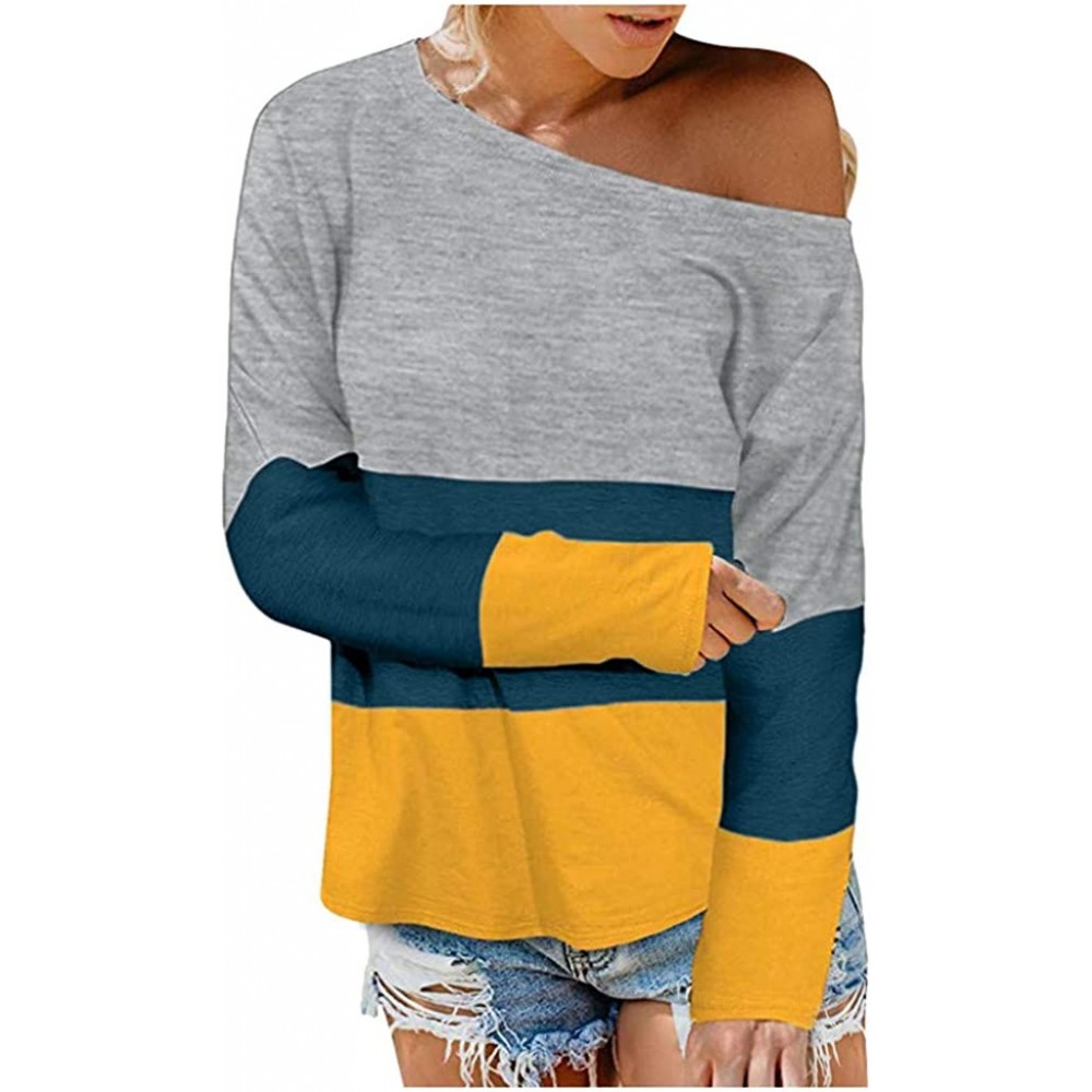 Slips Womens Colorblock Blouse Loose Round Neck Long Sleeve Comfortable Casual Tops Shirt Tunics - Yellow - CW193K3QS6Z