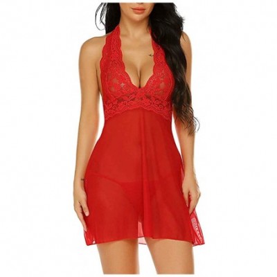 Slips Solid Lingerie Women Sling V Neck Lace Lingerie Pajamas Sexy Halter Nightdress Underwear Set - Red - CL196IWU8T8