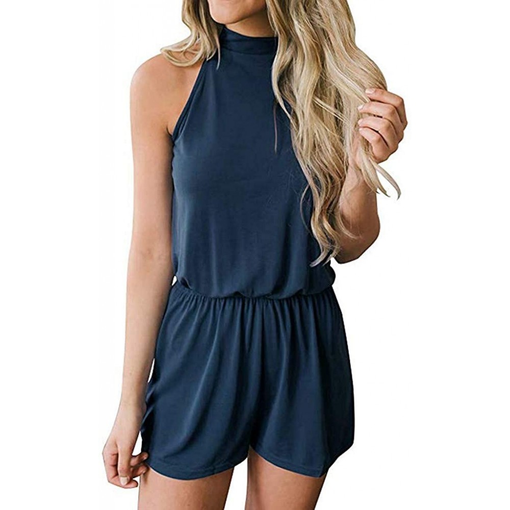 Garters & Garter Belts Women Summer Sleeveless Hollow Out Elastic Waist Pocket Casual Playsuit Jumpsuit - Blue - C3199N7QTA7