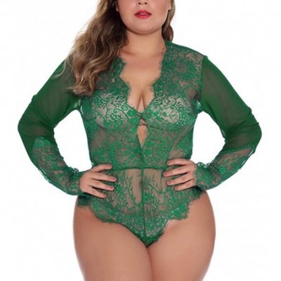 Baby Dolls & Chemises Women Plus Size Sexy Lingerie Floral Lace Babydoll See Through Bodysuit Long Sleeve V-Neck Teddy Sleepw...