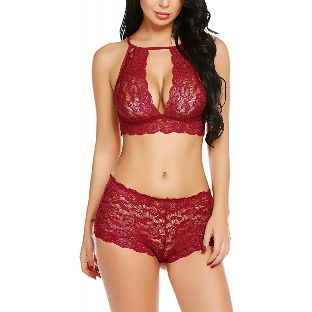 Baby Dolls & Chemises Women Lingerie Set Lace Bralette Set Bra and Panty Set Halter Babydoll - Style 2 wine Red - C818I0U98XY