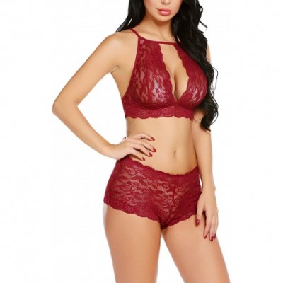 Baby Dolls & Chemises Women Lingerie Set Lace Bralette Set Bra and Panty Set Halter Babydoll - Style 2 wine Red - C818I0U98XY