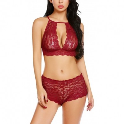 Baby Dolls & Chemises Women Lingerie Set Lace Bralette Set Bra and Panty Set Halter Babydoll - Style 2 wine Red - C818I0U98XY