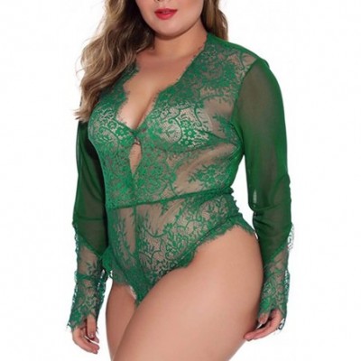 Baby Dolls & Chemises Women Plus Size Sexy Lingerie Floral Lace Babydoll See Through Bodysuit Long Sleeve V-Neck Teddy Sleepw...