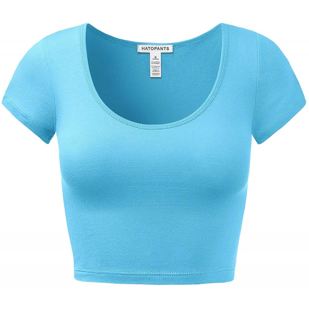 Shapewear Women's Cotton Basic Scoop Neck Crop Top Short Sleeve Tops - 011-aqua - CP18UQCR037