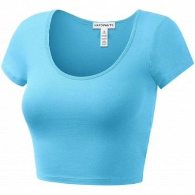 Shapewear Women's Cotton Basic Scoop Neck Crop Top Short Sleeve Tops - 011-aqua - CP18UQCR037