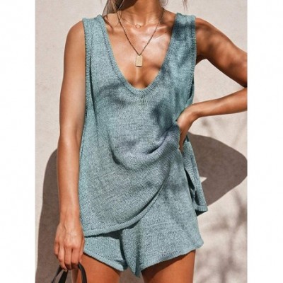 Sets Women's Knitted Set Loungewear Sleeveless 2 Piece Outfits Stripe Top & Shorts Clothing Set - Blue - CZ198RM7HKG