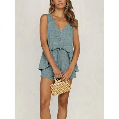 Sets Women's Knitted Set Loungewear Sleeveless 2 Piece Outfits Stripe Top & Shorts Clothing Set - Blue - CZ198RM7HKG