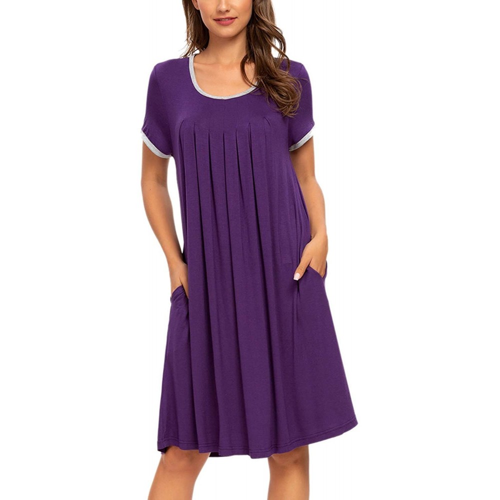 Nightgowns & Sleepshirts Women's Short Sleeve Pleated Scoopneck Sleep Dress Loungewear Nightshirts with Pockets - Purple 1 - ...