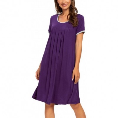 Nightgowns & Sleepshirts Women's Short Sleeve Pleated Scoopneck Sleep Dress Loungewear Nightshirts with Pockets - Purple 1 - ...