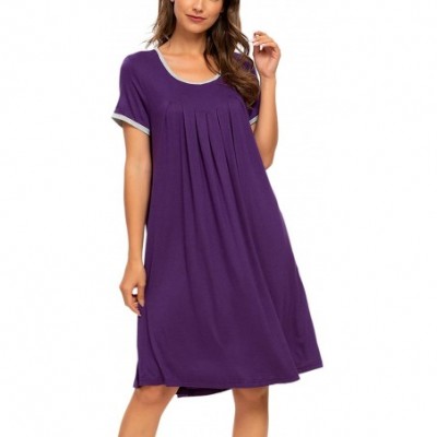 Nightgowns & Sleepshirts Women's Short Sleeve Pleated Scoopneck Sleep Dress Loungewear Nightshirts with Pockets - Purple 1 - ...