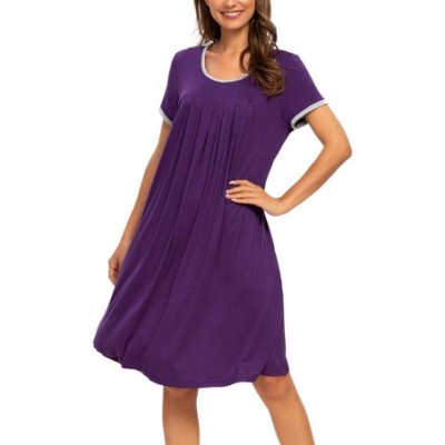 Nightgowns & Sleepshirts Women's Short Sleeve Pleated Scoopneck Sleep Dress Loungewear Nightshirts with Pockets - Purple 1 - ...