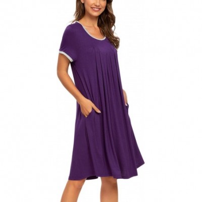 Nightgowns & Sleepshirts Women's Short Sleeve Pleated Scoopneck Sleep Dress Loungewear Nightshirts with Pockets - Purple 1 - ...