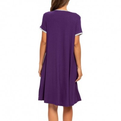 Nightgowns & Sleepshirts Women's Short Sleeve Pleated Scoopneck Sleep Dress Loungewear Nightshirts with Pockets - Purple 1 - ...