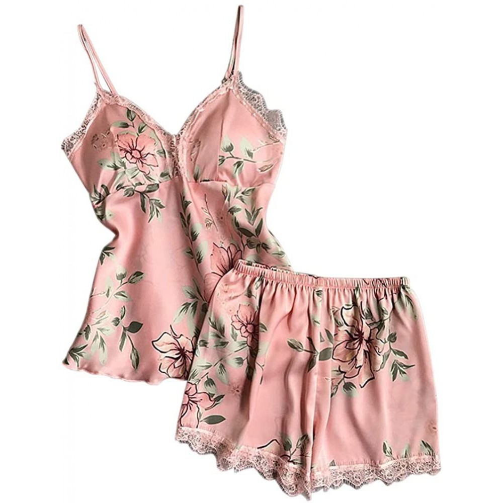 Sets Women Sexy Satin Lace Sleepwear Babydoll Cami Set Silk Lingerie Straped Floral Nightwear Shorts Pajamas Set Pink - CC18Y...