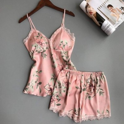 Sets Women Sexy Satin Lace Sleepwear Babydoll Cami Set Silk Lingerie Straped Floral Nightwear Shorts Pajamas Set Pink - CC18Y...