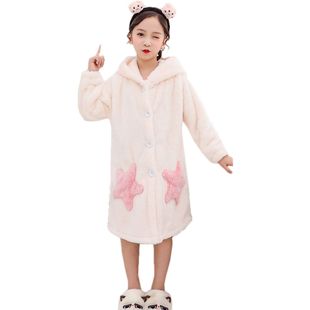 Robes Girls Nightwear Cosy Fleece Bathrobes Hooded Lounging Dressing Gowns - Beige - CS18Y34ZQ4N