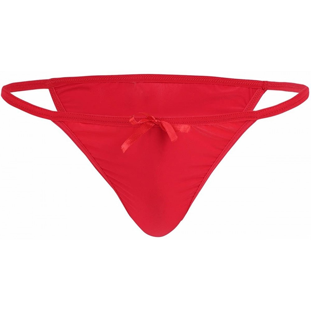 Bikinis Men's Silky Tanga Bikini Briefs Sissy Underwear Lingerie with Bow - Red - CH17YZLQ5S5