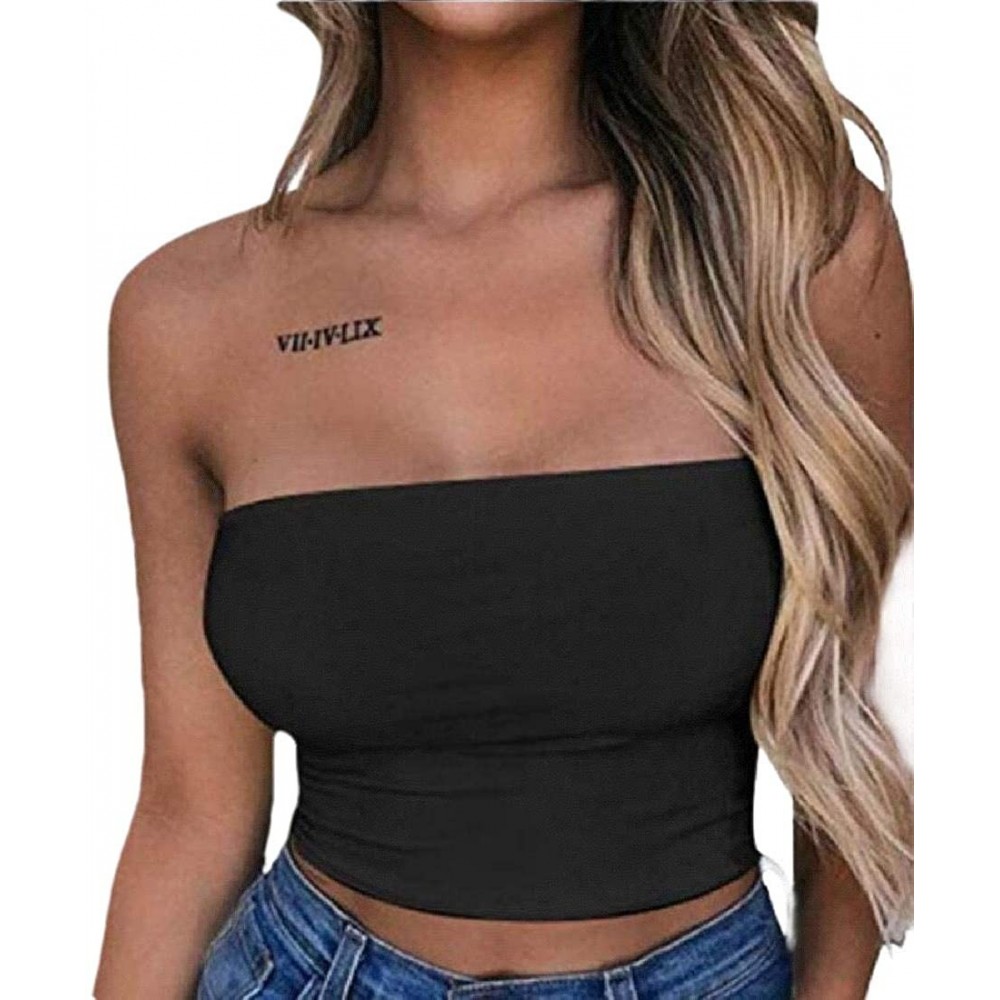 Camisoles & Tanks Women's Fitted Tube Tops Strapless Stretchy Basic Solid Bandeau Crop Tops - Black - CH198ZR8CU4