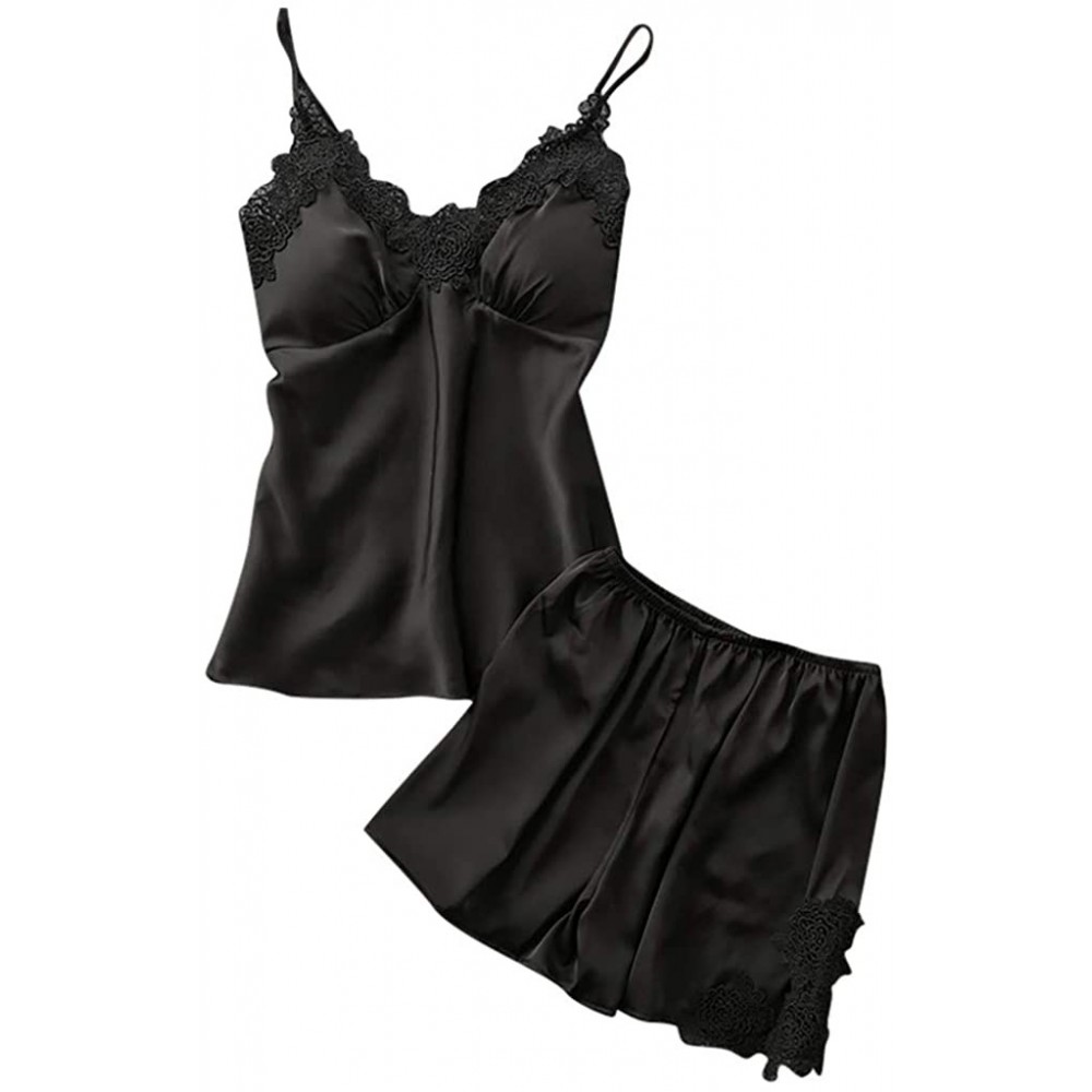 Sets Womens Lingeries Sexy Satin Sling Sleepwear Loose Thin Lingerie Lace Camisole Nightdress Set - Black - CG18S77O6QQ