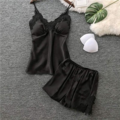 Sets Womens Lingeries Sexy Satin Sling Sleepwear Loose Thin Lingerie Lace Camisole Nightdress Set - Black - CG18S77O6QQ