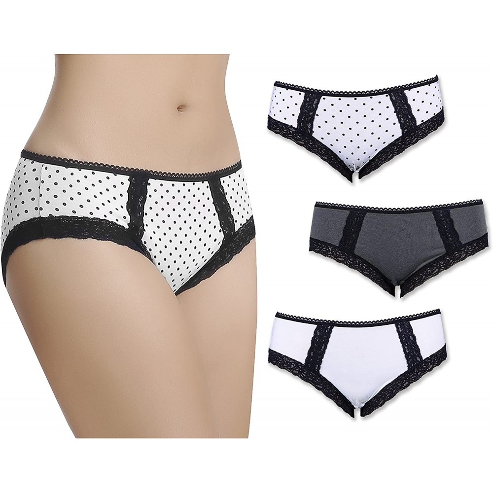 Panties Women's 3 Pack Sexy Stretch Hipster Pantys - 3 Pack - Black and White Polka Dot Lace Collection - CC12MZH8YSM