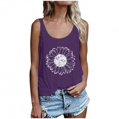 Thermal Underwear Women Casual Dandelion Printing Sleevesless O Neck Loose T-Shirt Blouse Tops Tee Shirts - Purple - CU199NEC9H5