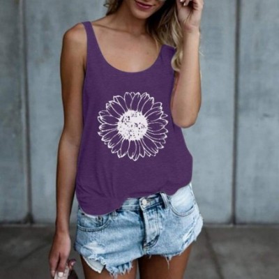 Thermal Underwear Women Casual Dandelion Printing Sleevesless O Neck Loose T-Shirt Blouse Tops Tee Shirts - Purple - CU199NEC9H5