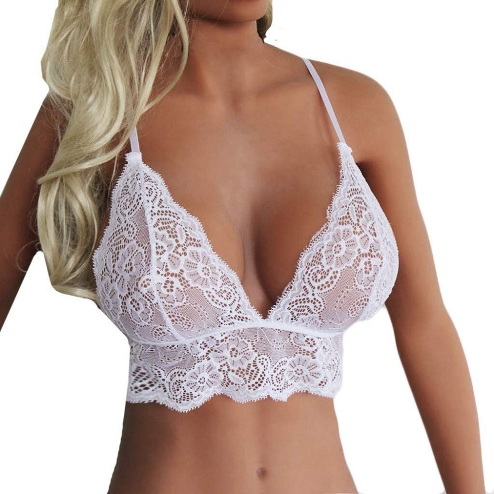 Thermal Underwear Lingerie Women Lace Underwear Plus Size Vest Crop Wireless Bra Sexy V-Neck Underwear Sleepwear - H-white - ...