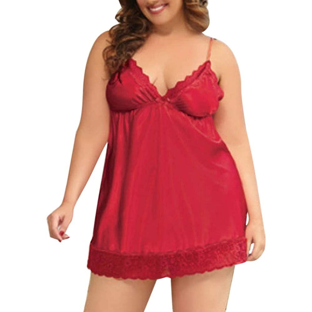 Baby Dolls & Chemises Plus Size Lingerie Deep V Neck Lace Chemise Nightwear Dress Women - Red - CH18LTYR5TK