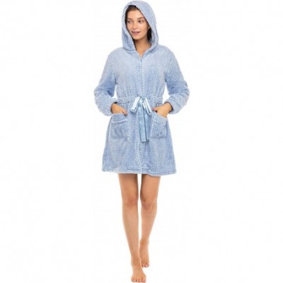 Robes Women's Warm Fleece Zipper Robe with Hood- Jacquard Cover Up - Light Blue - C118TME8NWN