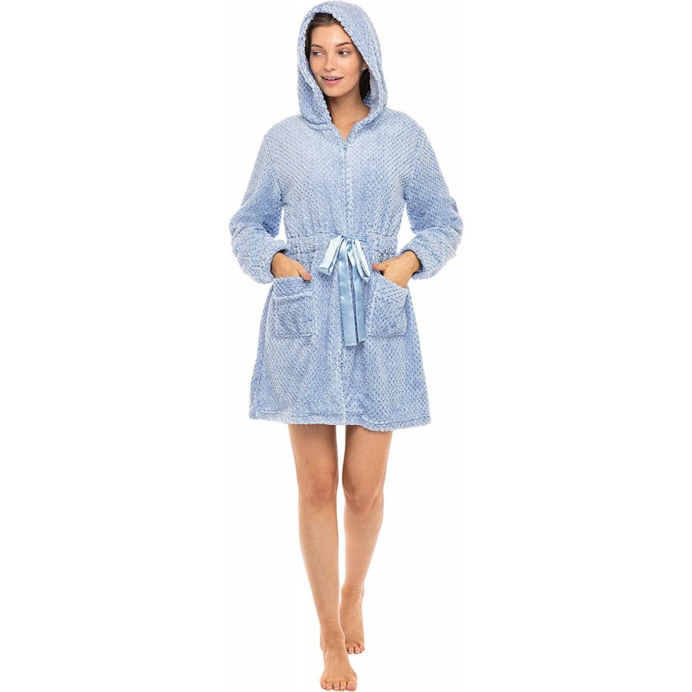 Robes Women's Warm Fleece Zipper Robe with Hood- Jacquard Cover Up - Light Blue - C118TME8NWN