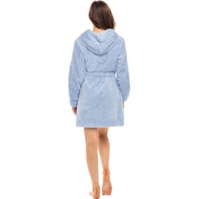 Robes Women's Warm Fleece Zipper Robe with Hood- Jacquard Cover Up - Light Blue - C118TME8NWN