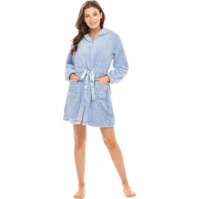 Robes Women's Warm Fleece Zipper Robe with Hood- Jacquard Cover Up - Light Blue - C118TME8NWN