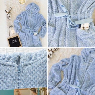 Robes Women's Warm Fleece Zipper Robe with Hood- Jacquard Cover Up - Light Blue - C118TME8NWN