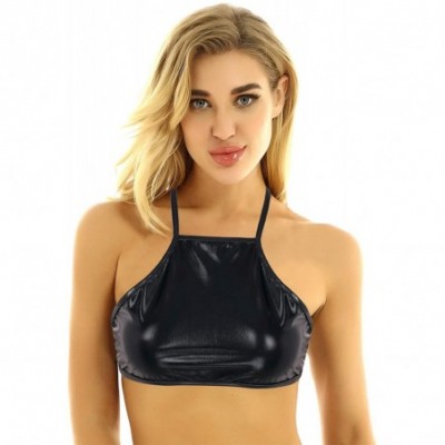 Camisoles & Tanks Woman Shiny Metallic Rave Dance Bra Crop Top Spaghetti Straps Cami Cropped Tank Vest Camisole - Black - CR1...