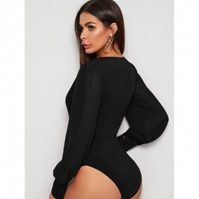 Shapewear Women's Casual Deep V Neck Long Sleeve Solid Surplice Bodysuit - Black-10 - CK190HM305C