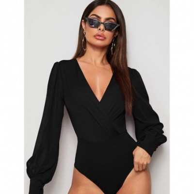 Shapewear Women's Casual Deep V Neck Long Sleeve Solid Surplice Bodysuit - Black-10 - CK190HM305C