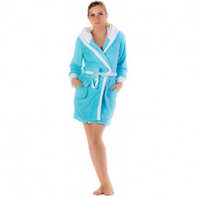 Robes Women's Micro Fleece Plush Short Robe with Hoodie - White/Aqua - CG1205629T5