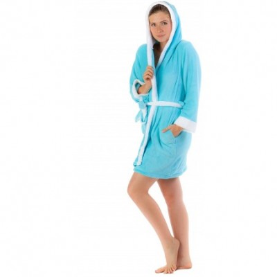 Robes Women's Micro Fleece Plush Short Robe with Hoodie - White/Aqua - CG1205629T5