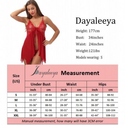 Baby Dolls & Chemises Women's Lace Babydoll V Neck Chemise Front Closure Lingerie Sheer Sleepwear - Wine Red - C118U0IR60U