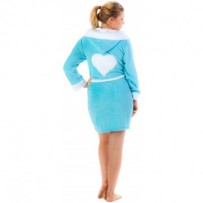 Robes Women's Micro Fleece Plush Short Robe with Hoodie - White/Aqua - CG1205629T5