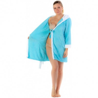 Robes Women's Micro Fleece Plush Short Robe with Hoodie - White/Aqua - CG1205629T5