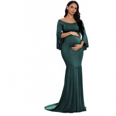 Nightgowns & Sleepshirts Maternity Retro Off Shoulder Flare Sleeves Mermaid Gown Maxi Photography Dress for Baby Shower - Dar...